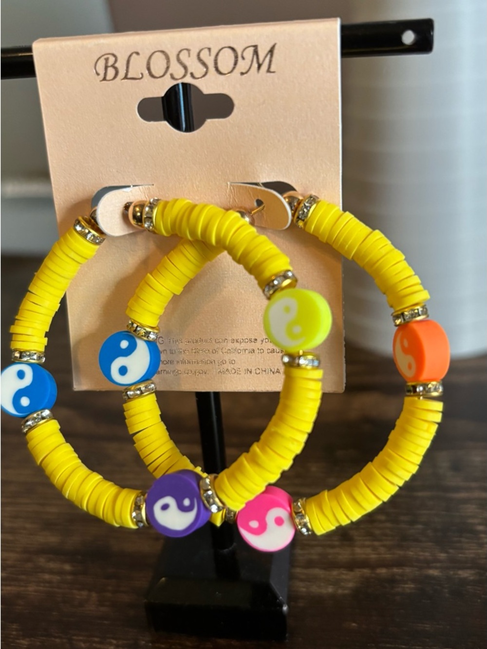 Yellow Heishi Bead Boho Hoop Earrings with Multicolor Yin Yang Charms